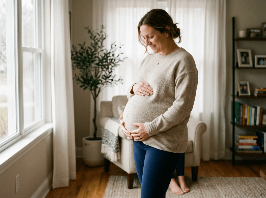 Pregnant woman standing by window holding belly in a cozy living room