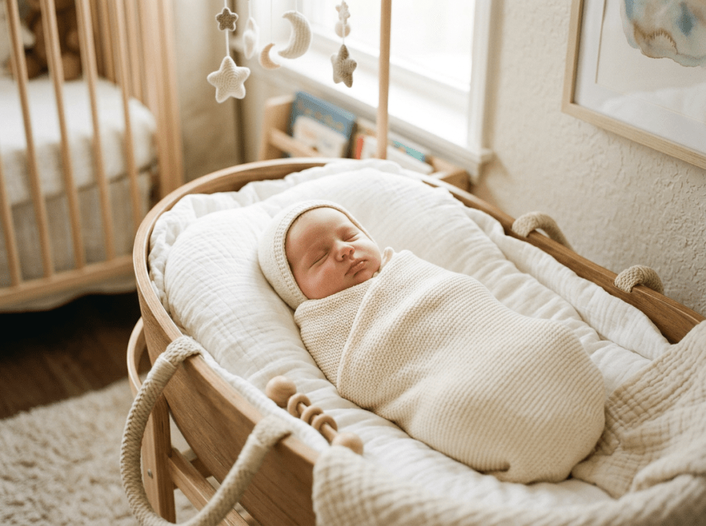 Newborn baby swaddled in cream knit blanket sleeping in wooden bassinet