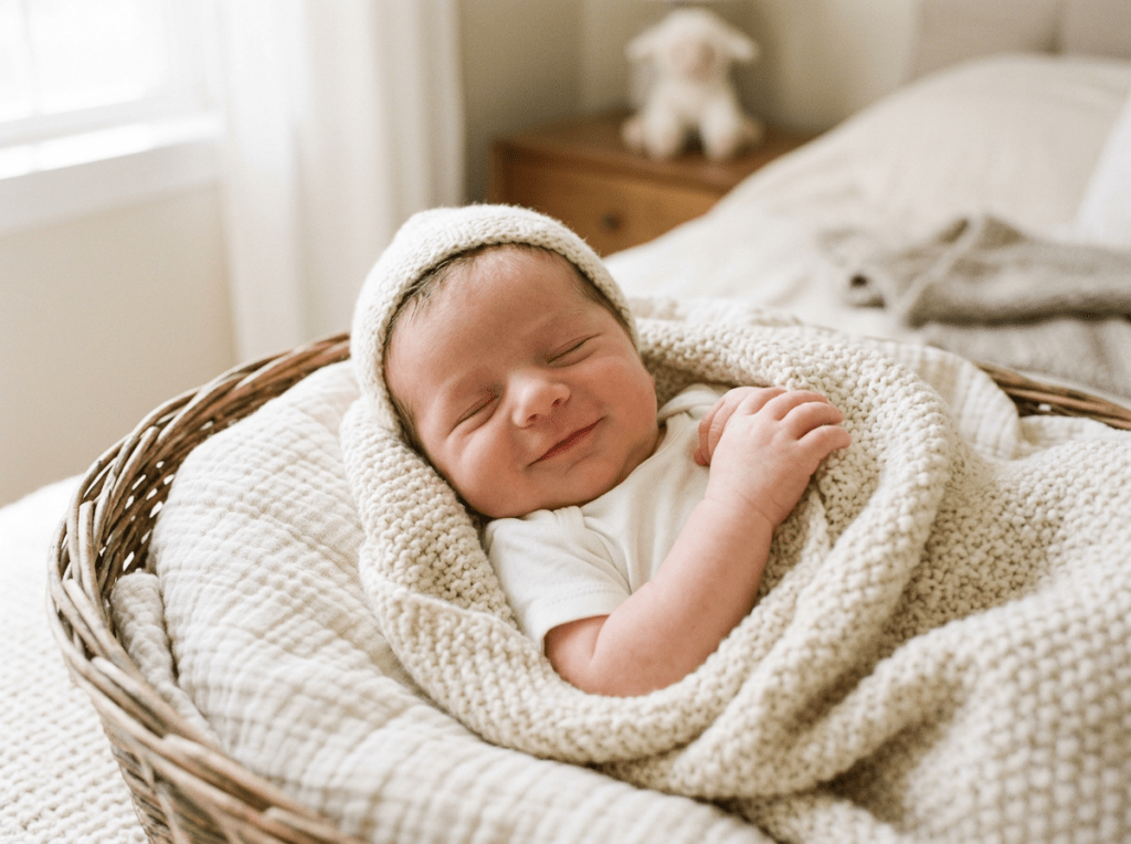 Newborn baby smiling gently wrapped in a cream-colored knitted blanket and hat inside a wicker basket