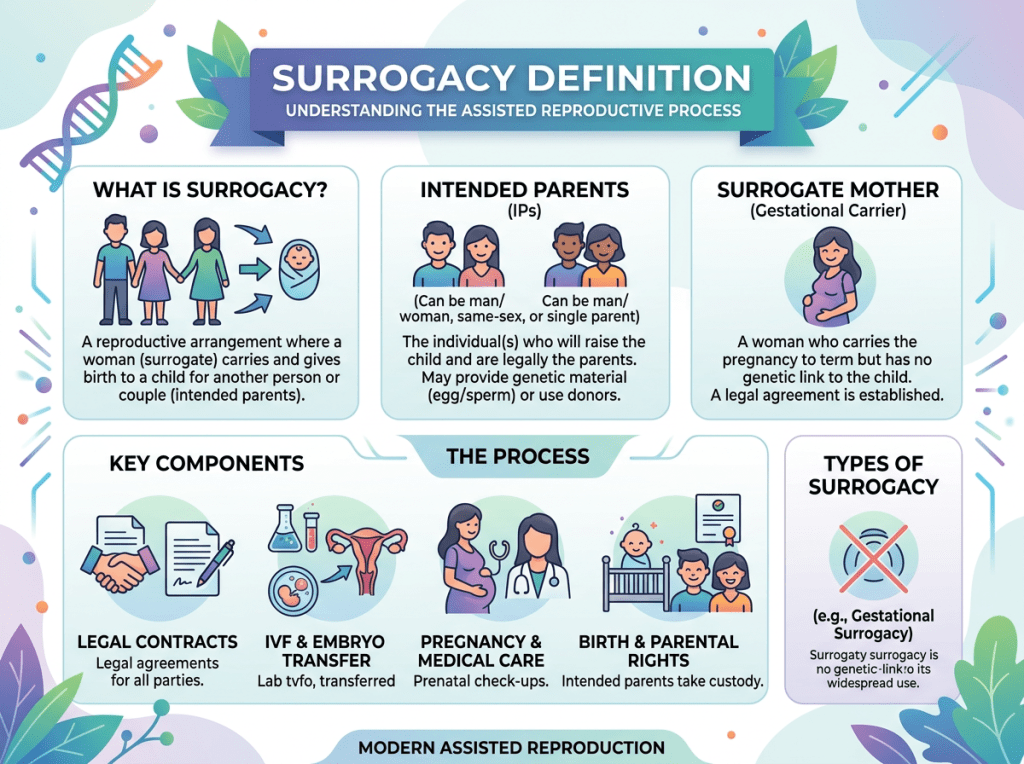Infographic explaining surrogacy definition, roles of intended parents and surrogate mother, key components, process steps, and types of surrogacy.
